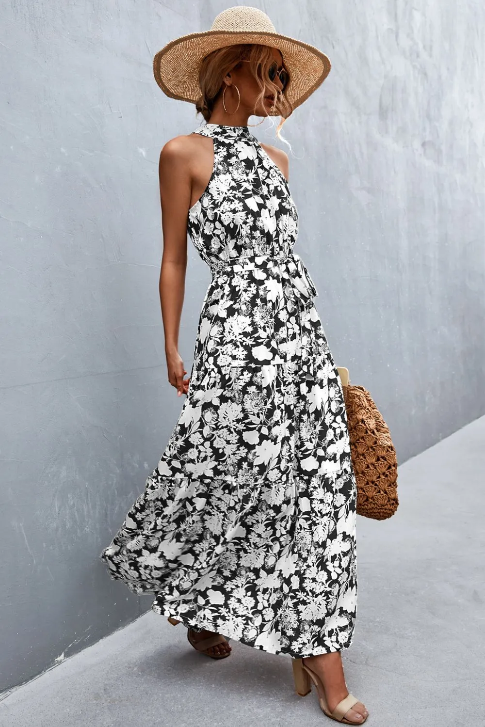 Wedding Guests / Printed Sleeveless Tie Waist Maxi Dress