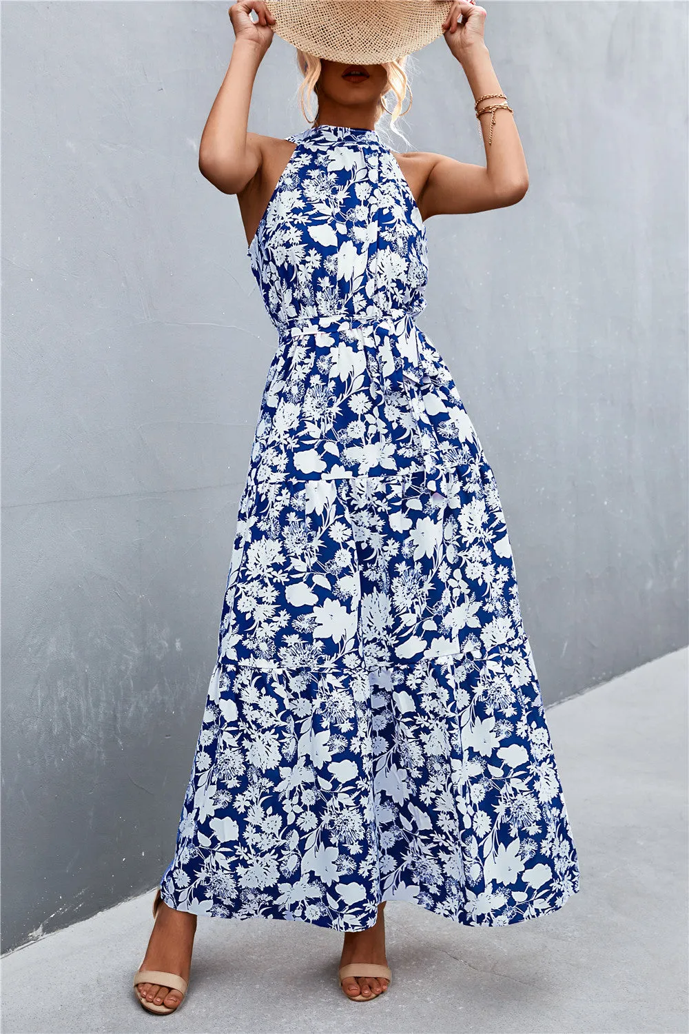 Wedding Guests / Printed Sleeveless Tie Waist Maxi Dress