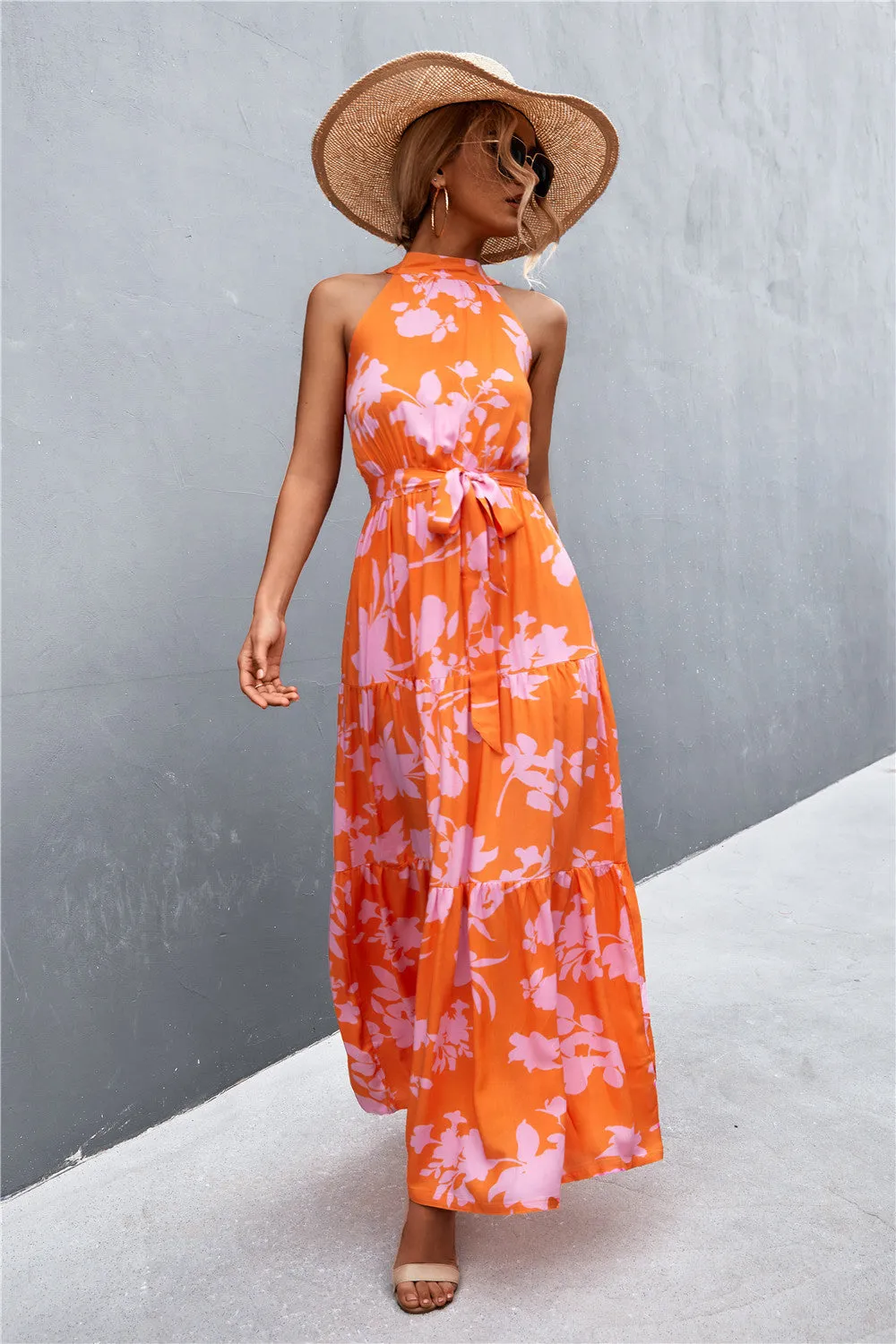 Wedding Guests / Printed Sleeveless Tie Waist Maxi Dress