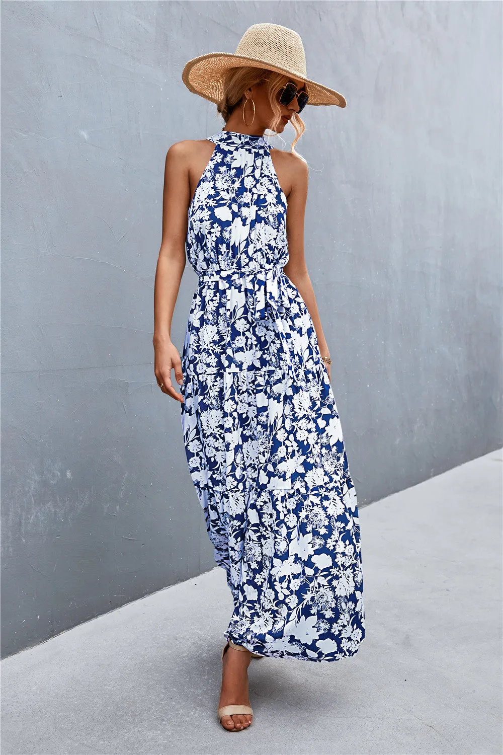 Wedding Guests / Printed Sleeveless Tie Waist Maxi Dress