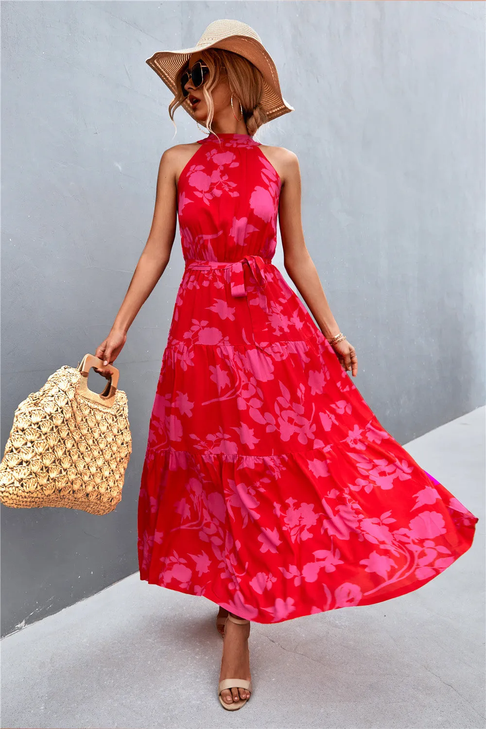 Wedding Guests / Printed Sleeveless Tie Waist Maxi Dress