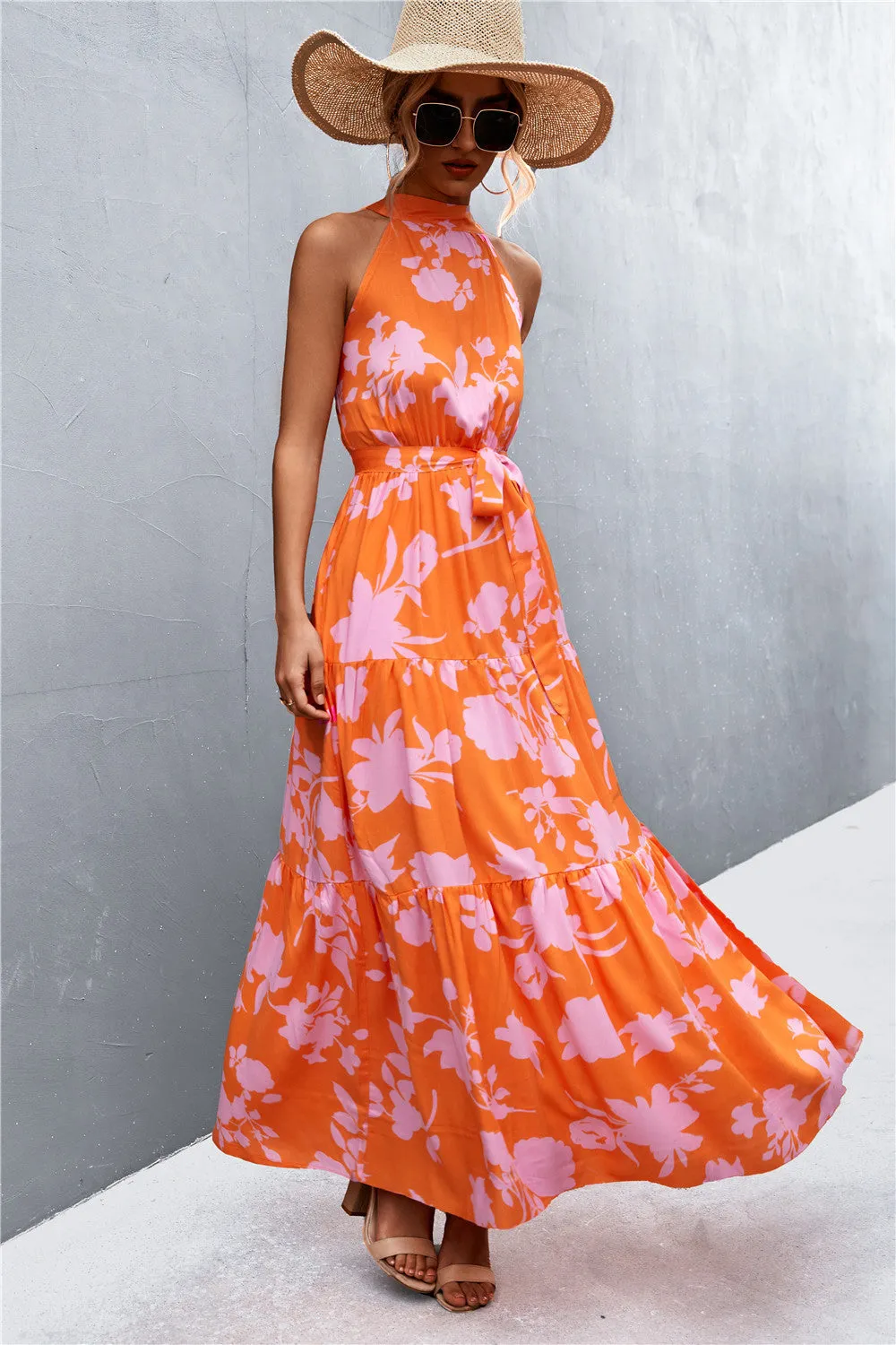 Wedding Guests / Printed Sleeveless Tie Waist Maxi Dress