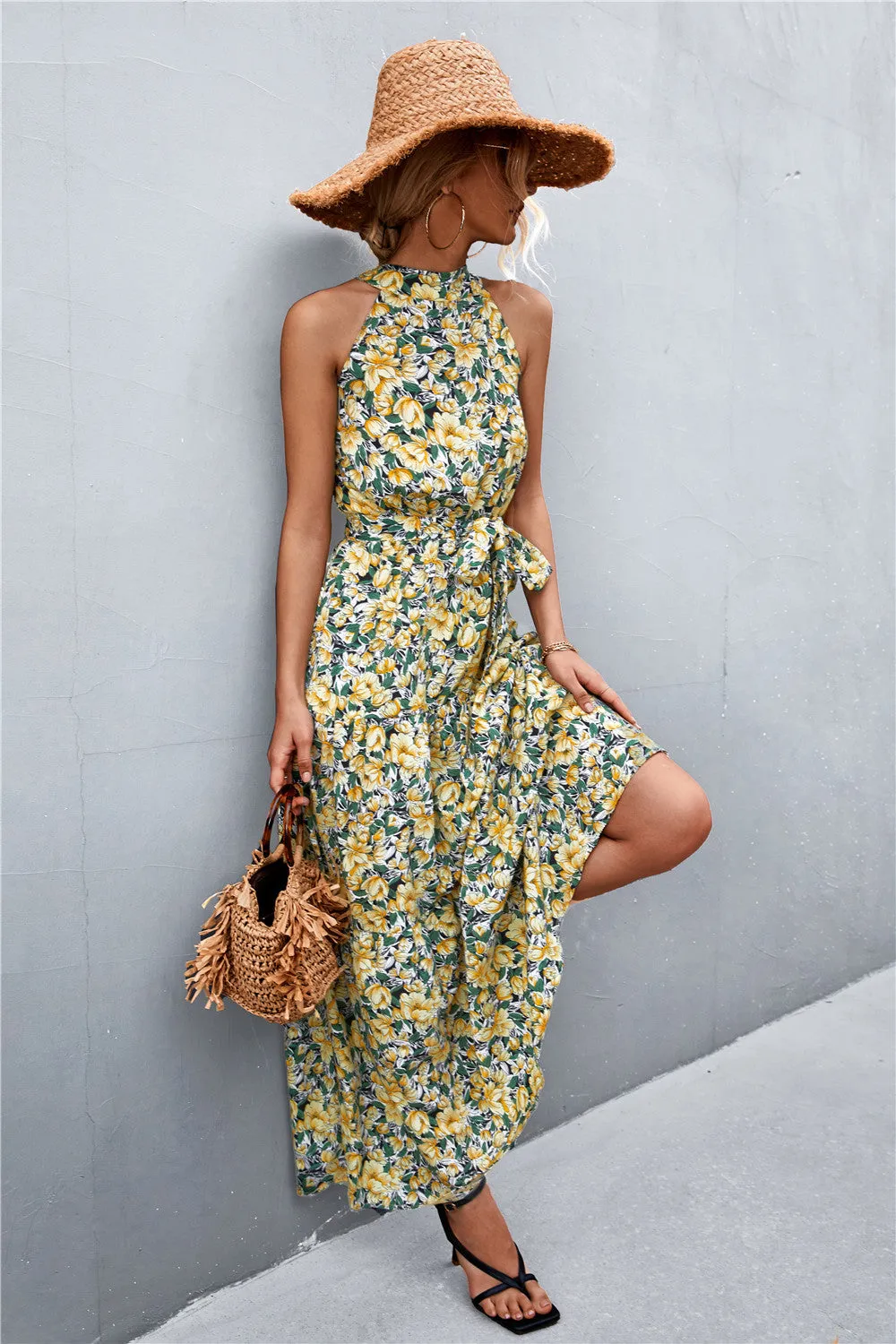 Wedding Guests / Printed Sleeveless Tie Waist Maxi Dress