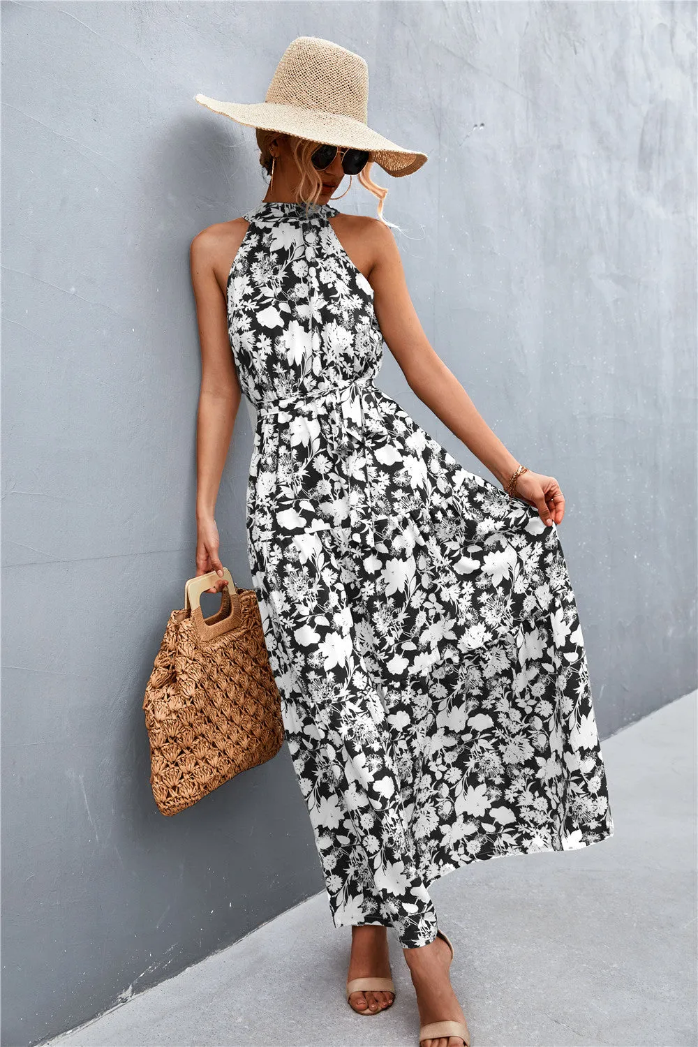 Wedding Guests / Printed Sleeveless Tie Waist Maxi Dress