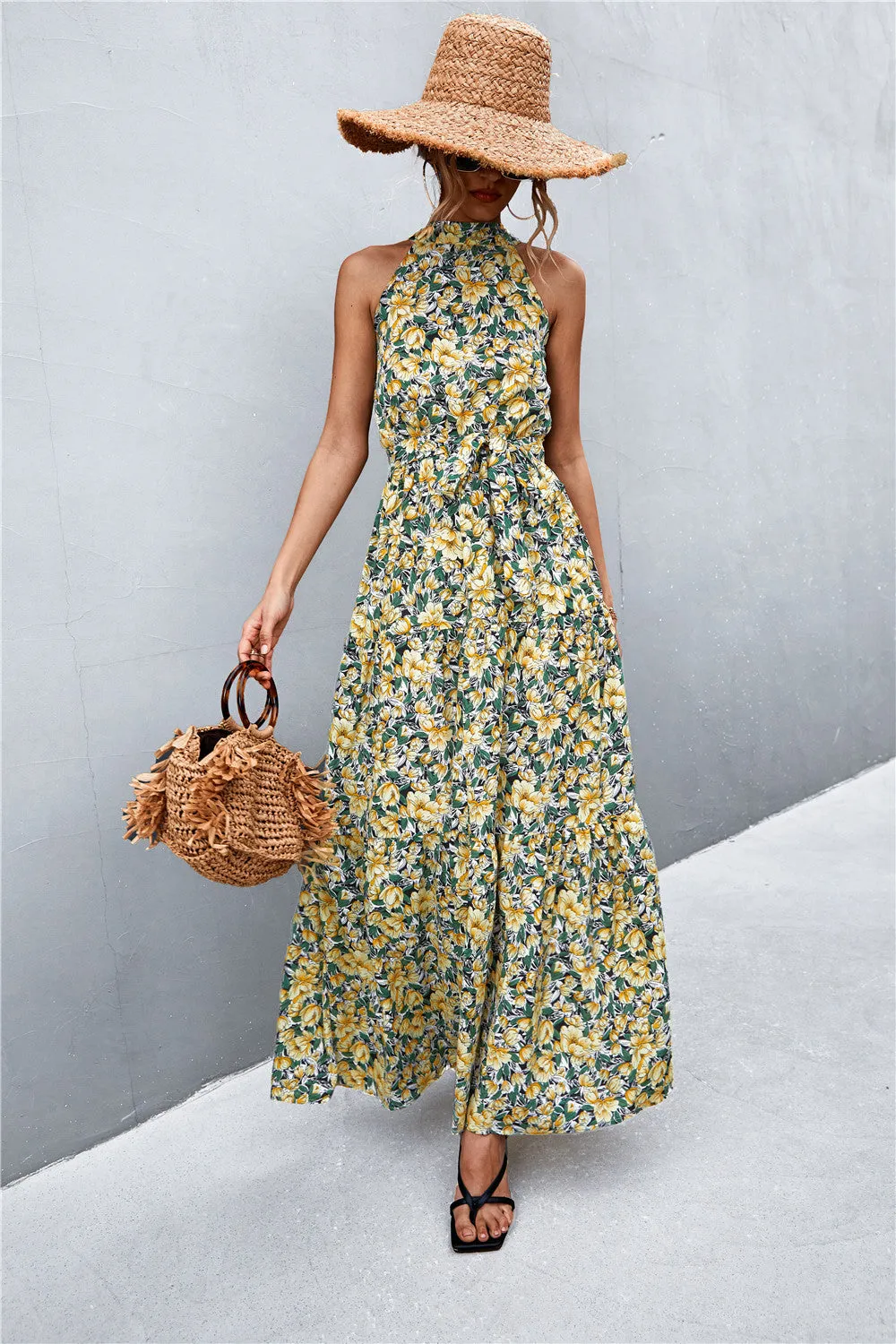 Wedding Guests / Printed Sleeveless Tie Waist Maxi Dress