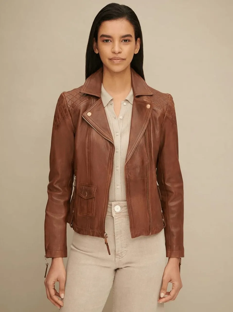 Women’s Tan Brown Leather biker jacket