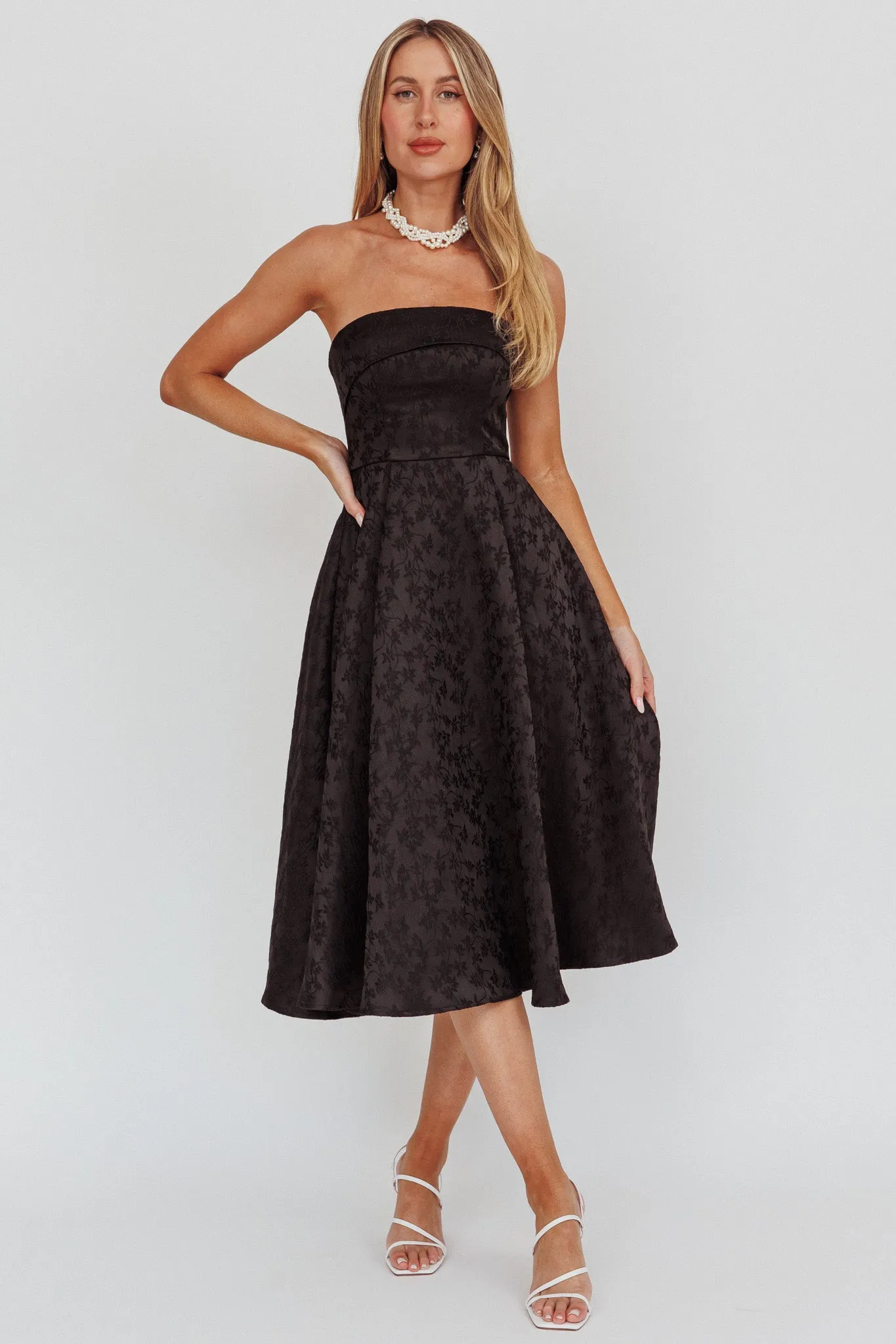 Worship Strapless A-Line Midi Dress Black