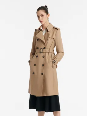 Worsted Wool Gathered Waist Double-Breasted Women Trench Coat