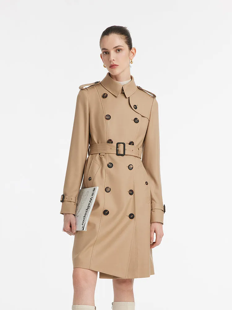 Worsted Wool Gathered Waist Double-Breasted Women Trench Coat