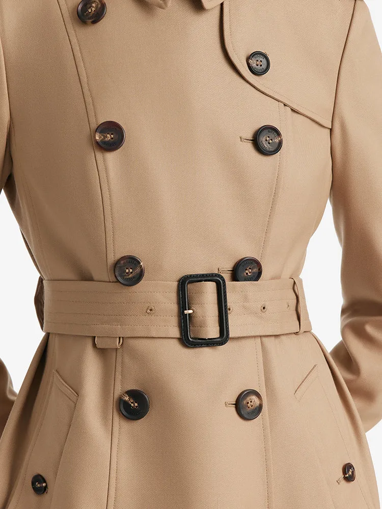 Worsted Wool Gathered Waist Double-Breasted Women Trench Coat