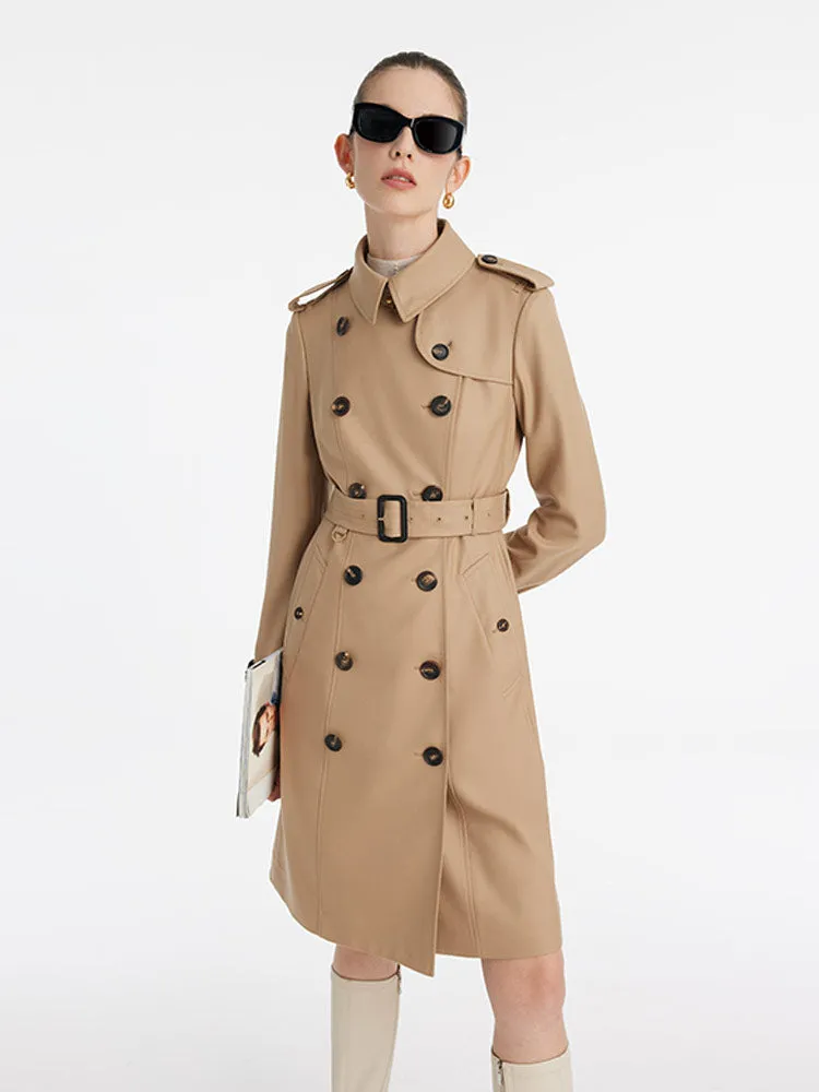 Worsted Wool Gathered Waist Double-Breasted Women Trench Coat