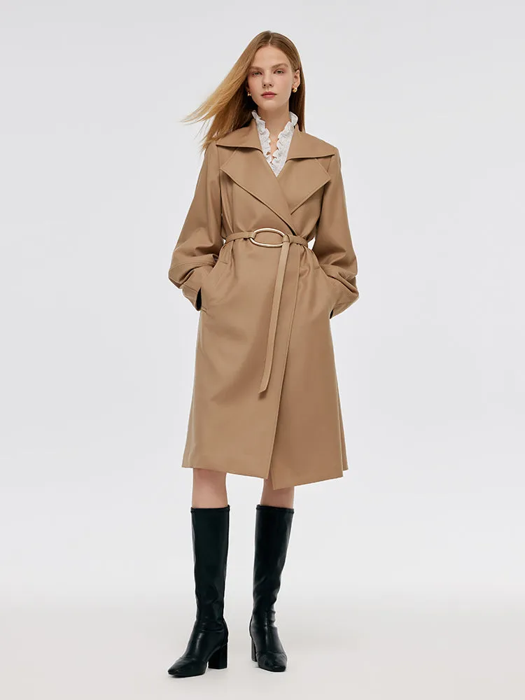 Worsted Wool Lantern Sleeve Women Trench Coat With Leather Belt