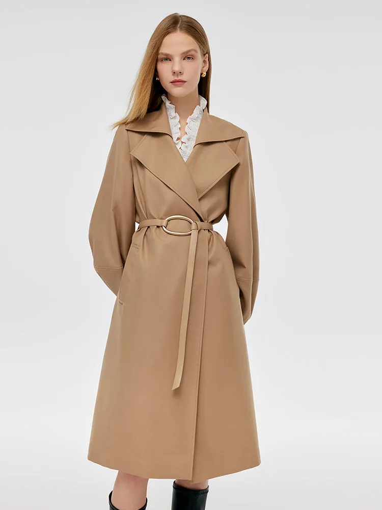 Worsted Wool Lantern Sleeve Women Trench Coat With Leather Belt