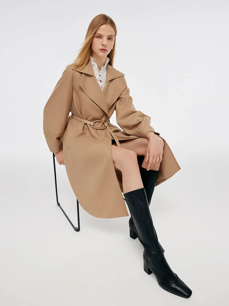 Worsted Wool Lantern Sleeve Women Trench Coat With Leather Belt