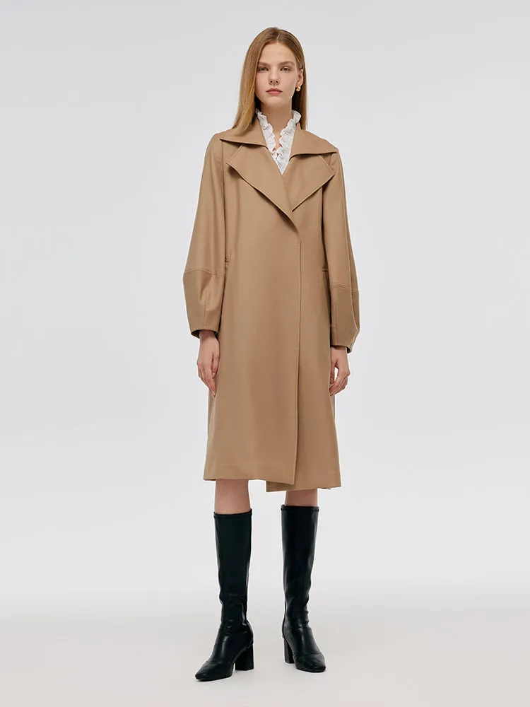 Worsted Wool Lantern Sleeve Women Trench Coat With Leather Belt