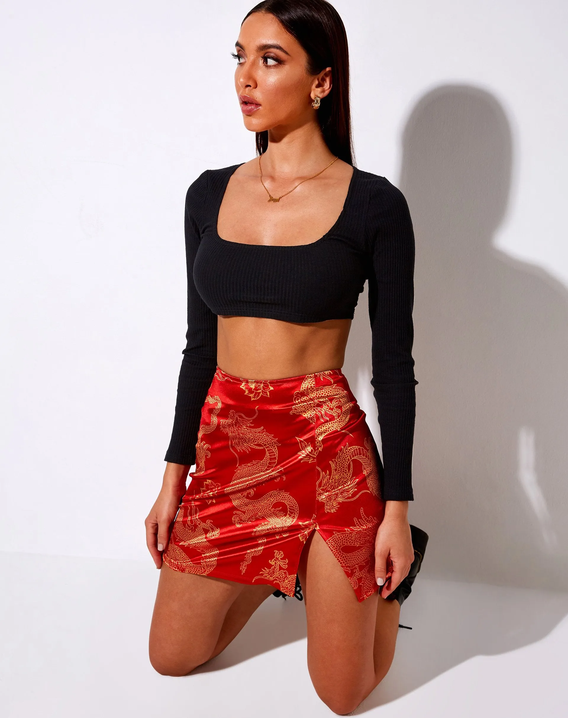 Wren Mini Skirt in Dragon Flower Red and Gold