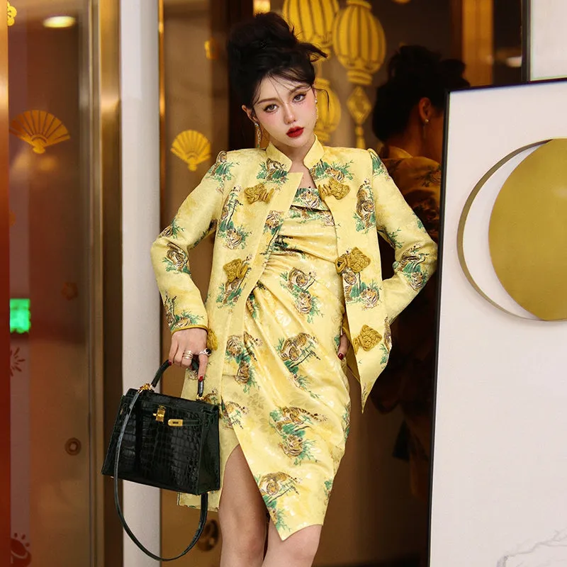 Yellow print jacquard Chinese inspired style high-end retro button coat & jacket two piece suit set - Chile