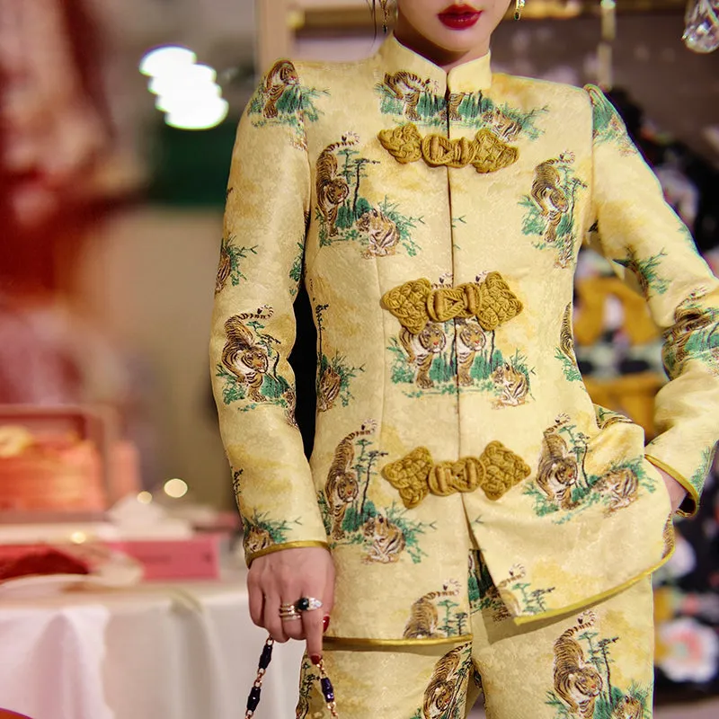 Yellow print jacquard Chinese inspired style high-end retro button coat & jacket two piece suit set - Chile