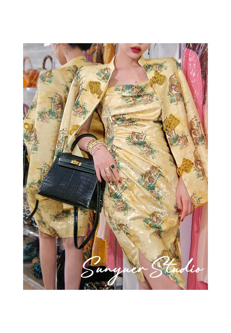 Yellow print jacquard Chinese inspired style high-end retro button coat & jacket two piece suit set - Chile