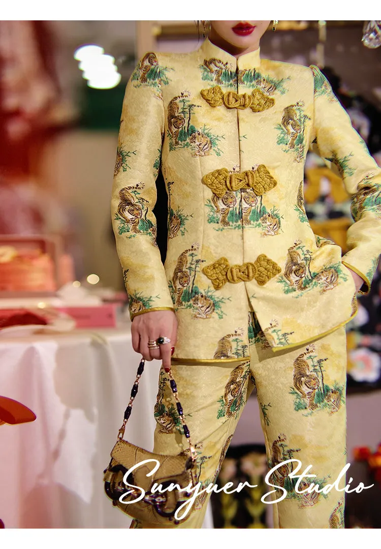 Yellow print jacquard Chinese inspired style high-end retro button coat & jacket two piece suit set - Chile