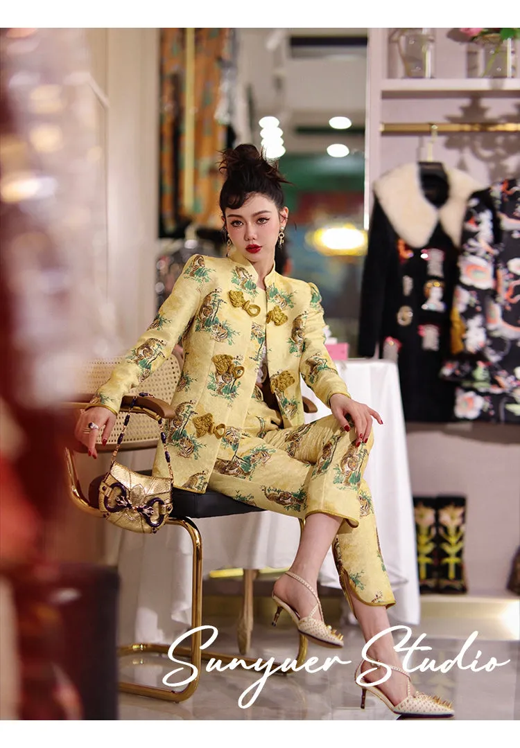 Yellow print jacquard Chinese inspired style high-end retro button coat & jacket two piece suit set - Chile