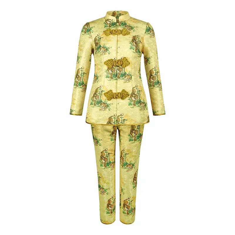 Yellow print jacquard Chinese inspired style high-end retro button coat & jacket two piece suit set - Chile