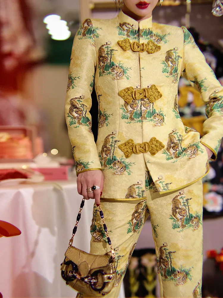 Yellow print jacquard Chinese inspired style high-end retro button coat & jacket two piece suit set - Chile