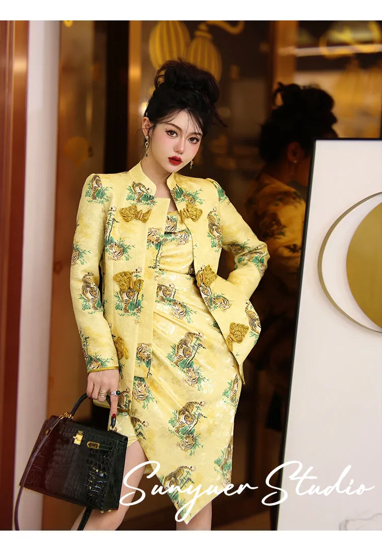 Yellow print jacquard Chinese inspired style high-end retro button coat & jacket two piece suit set - Chile