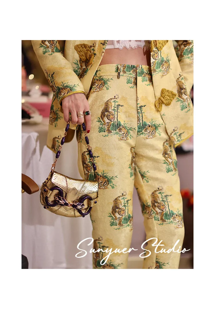 Yellow print jacquard Chinese inspired style high-end retro button coat & jacket two piece suit set - Chile