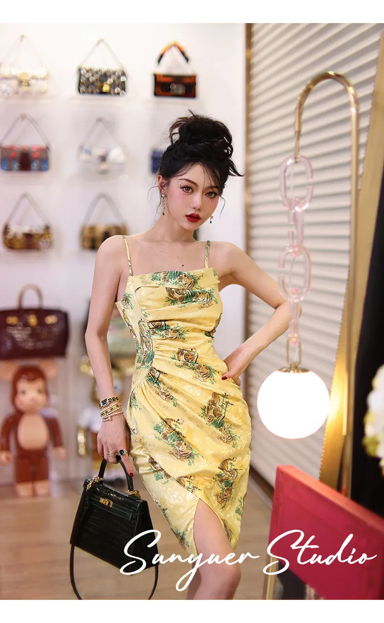 Yellow print jacquard Chinese inspired style high-end retro button coat & jacket two piece suit set - Chile