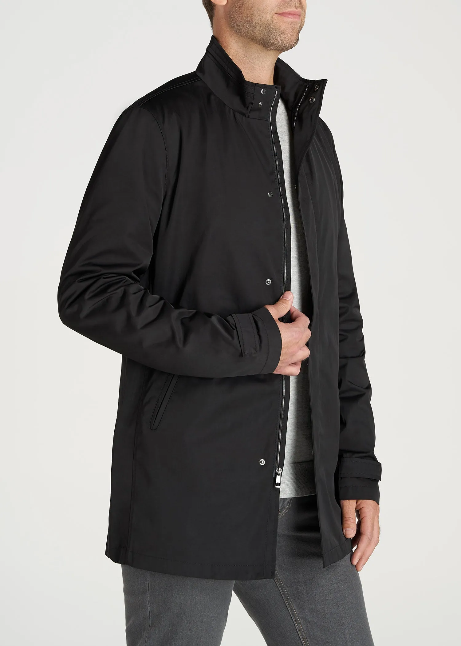 Zip Trench Coat for Tall Men in Black